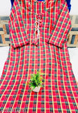 A long, multicolored woolen kurti with a V-neck on display