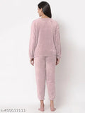 Women's pink solid woolen night suit set, long sleeve pajama ensemble for winter wear, made in India