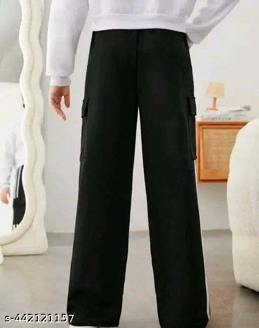 Black patti pocket cargo trousers, wide leg, visible pockets, comfortable casual wear.