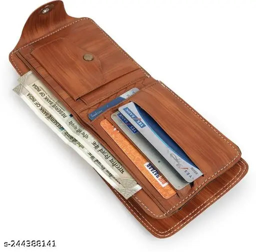Brown faux-leather two-fold men's wallet, solid pattern, ideal for debit/credit cards, perfect gift from India