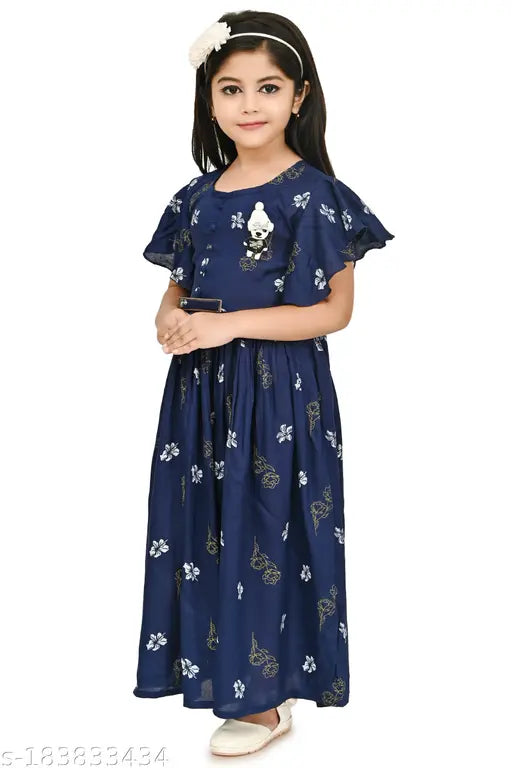 Navy blue rayon kids floral kurti with short sleeves, printed net design, 2-3 years size