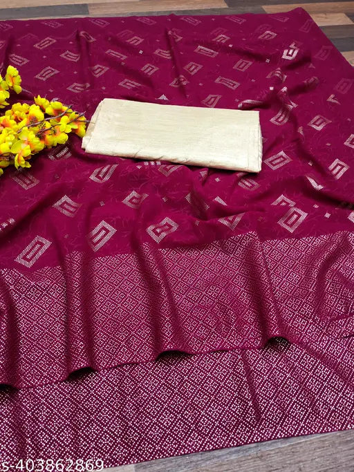 Women's premium Georgette saree, with a vibrant red hue and intricate patterns