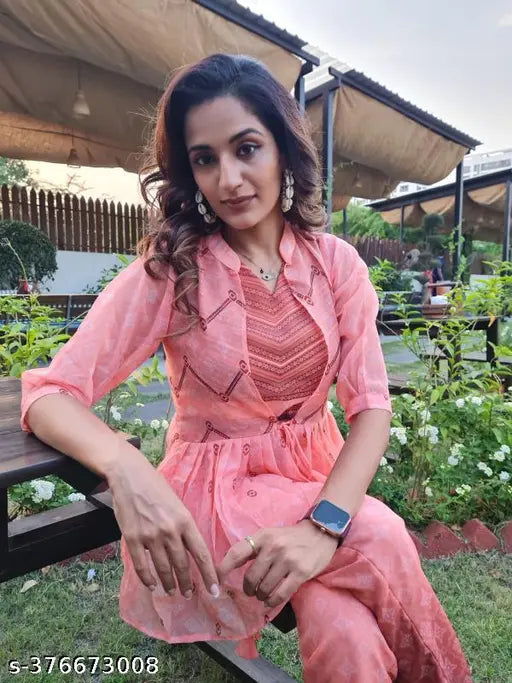 Georgette print set for women, full sleeve jacket with shrug, three-quarter sleeves, XL/XXL sizes from India