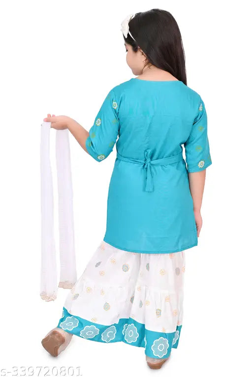 Gold print rayon kurta Sahrara set with dupatta, featuring straight cut and three-quarter sleeves. Perfect for ethnic wear, suitable for children aged 2-6 years, made in India