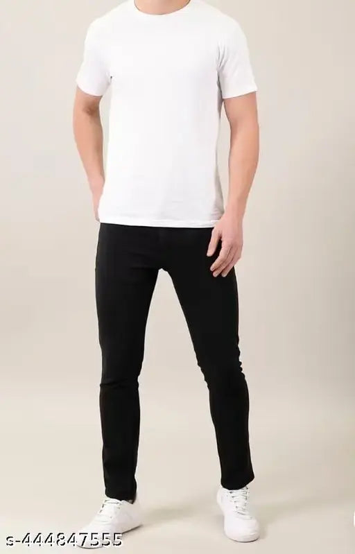 Mid-rise black men's jeans, regular slim fit, cotton material