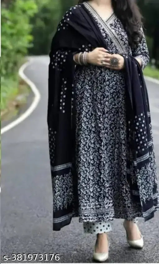 Black premium rayon printed anarkali kurta, featuring detailed embroidery, includes dupatta and pants