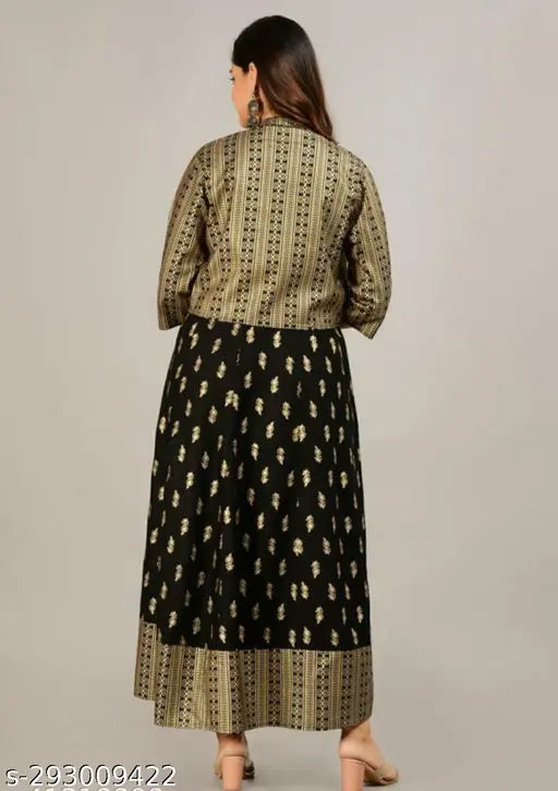 Black rayon anarkali kurta and jacket set, three-quarter sleeves, printed pattern, women's ethnic wear from India
