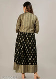 Black rayon anarkali kurta and jacket set, three-quarter sleeves, printed pattern, women's ethnic wear from India