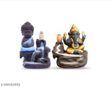 L B Goldblack Ganesh & Blue Buddha Resin Smoke Backflow Showpiece Combo Pack with 20pcs cone - Indian artistry, poly resin idols with smoke backflow incense burners