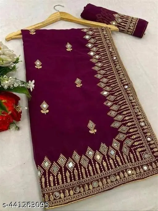 Georgette fabric, embellished with mirrors, traditional durga puja mirror work saree