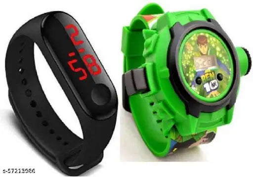 A digital watch with a green strap and a face showing a cartoon character