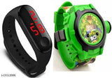 A digital watch with a green strap and a face showing a cartoon character