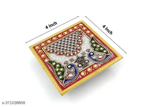 Handcrafted marble peacock design mini chowki for pooja, 4" x 4" x 4", made in India