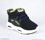 Black shoe with white soles, blue laces, and yellow logo
