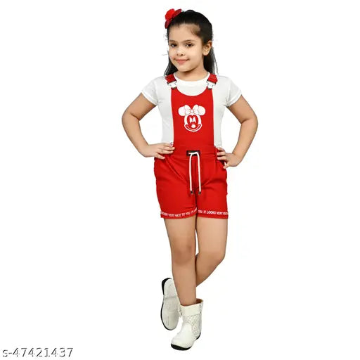 Red cotton half-sleeve T-shirt with Mickey Mouse print on dungaree, worn over white T-shirt, paired with red dungarees