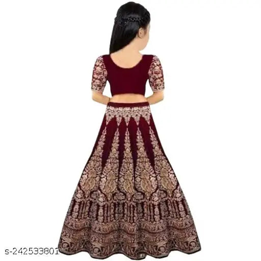 Embroidered velvet lehenga cholis for kids in various sizes, net dupatta, suitable for functions and weddings, unstitched material from India