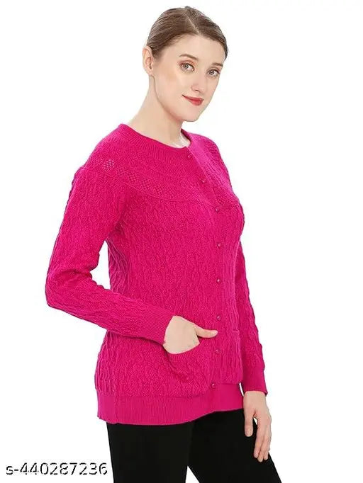 Soft wool women's cardigan, long sleeves, solid color, front pockets, stretchable, Made in India