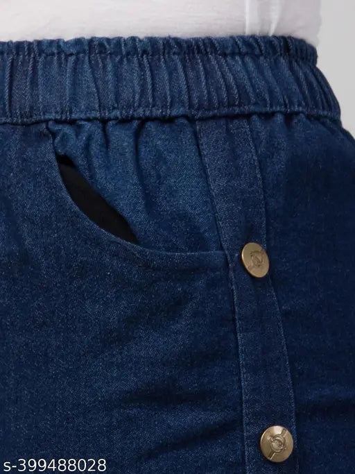 Dark blue denim stretch jogger pants for women, side buttoned closure