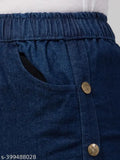 Dark blue denim stretch jogger pants for women, side buttoned closure
