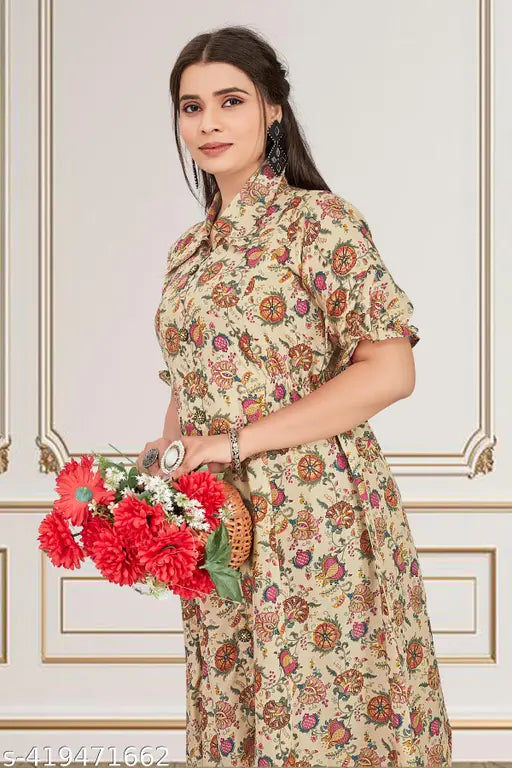 A-line cotton kurta set with button, featuring three-quarter sleeves and matching palazzos. Printed net design on Indian-made cotton wear