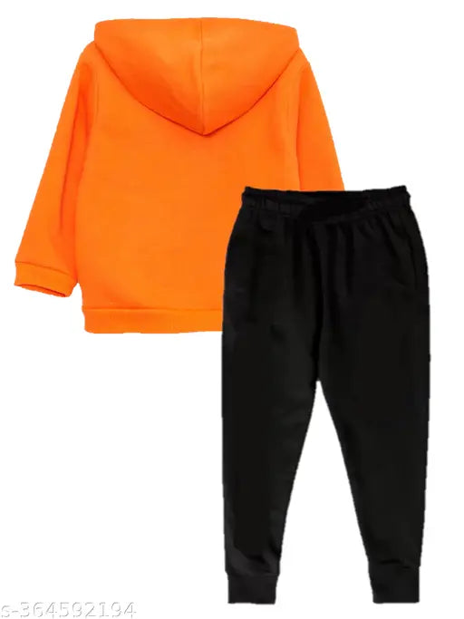 Orange cotton blend girls' winter hoodie set with pants - 1 pack, perfect for keeping kids warm and comfortable during cold seasons. Made in India