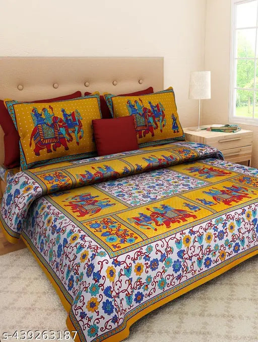 100 cotton double bed sheet with 2 pillow covers, yellow floral print bedding.