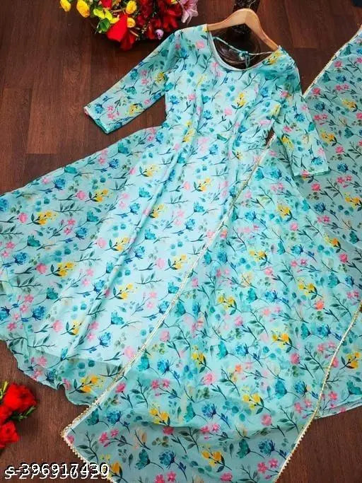 Printed Georgette ArunaGown, long sleeves, vibrant floral design. S-XXL sizes available