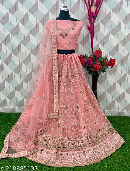 Embroidered pink net lehenga choli set with dupatta, heavy net material, semi-stitched and butterfly net dupatta, dry clean only for party or wedding wear
