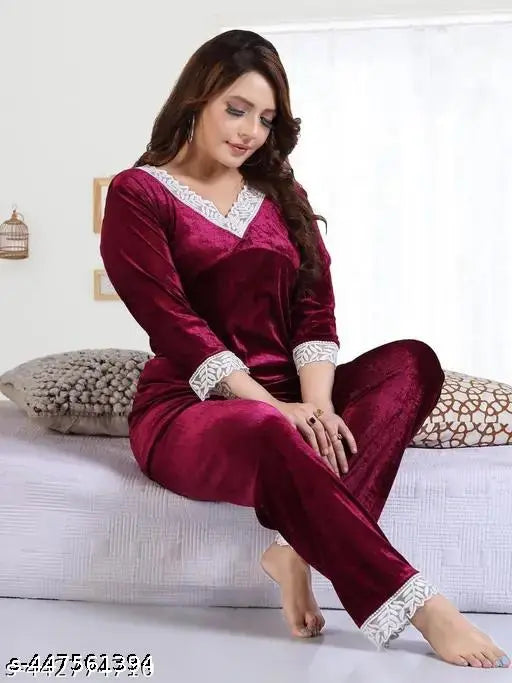 Velvet white shining lace nightsuit pajama set, trending design for winter wear by ParvTraders