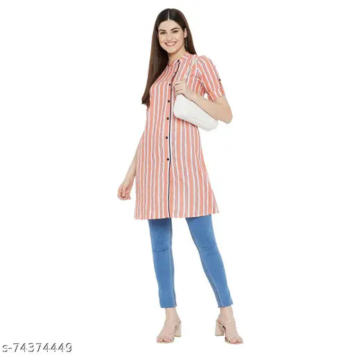 Orange and white striped cotton tunic for women, short sleeves, size S (bust 36in, length 34in), made in India