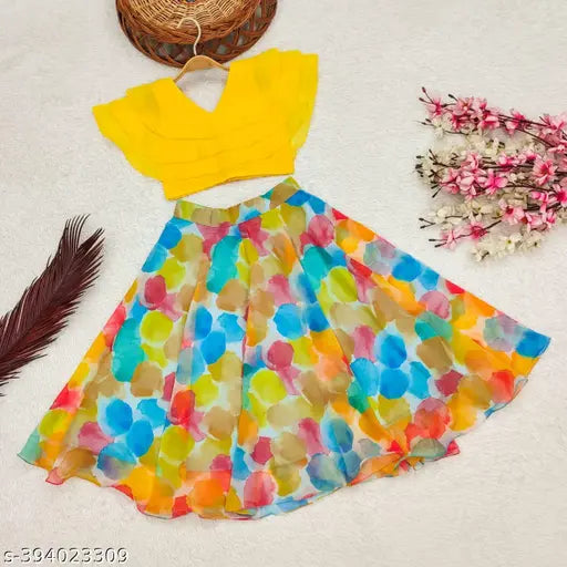 Bridezilla Fab Girls silk lehenga choli, Georgette, sleeveless, vibrant printed kid's partywear, Indian origin