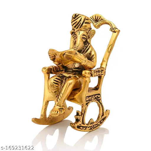 Stylish metal Ganesha with chair, Indian handcrafted Ganesh idol on wooden chair (0.5 ft height, length, breadth)