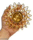 Brass oil lamp, round deepak with 9 crystals, puja diya for akhand jyot, decorative deepak