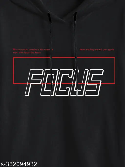 Black cottonblend slim fit men's hoodie with focus print, long sleeve, cotton blend fabric