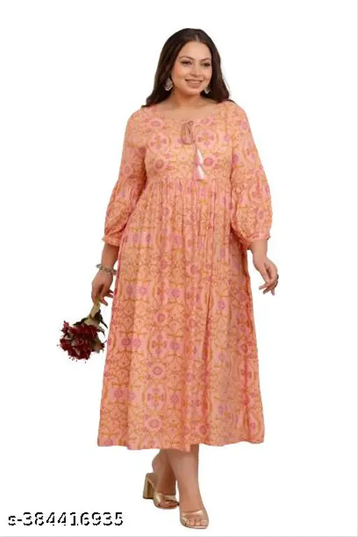 Beige rayon printed net gown, size-inclusive with three-quarter sleeves. Indian fashionable wedding & party attire