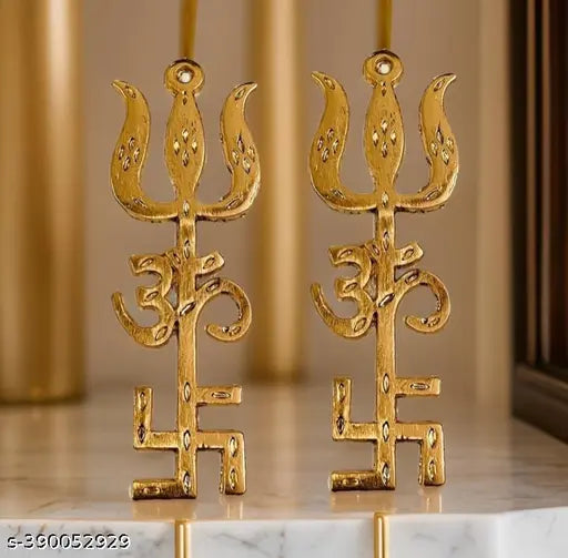 Metal Trishul Swastik Yantra set, pure metal Vastu decor for home door, Indian origin (set of 2)