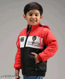 Black and red padded boys jacket with hood, zip closure