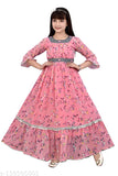 Pink georgette Kids Frocks maxi dress, 3/4 sleeves, printed pattern