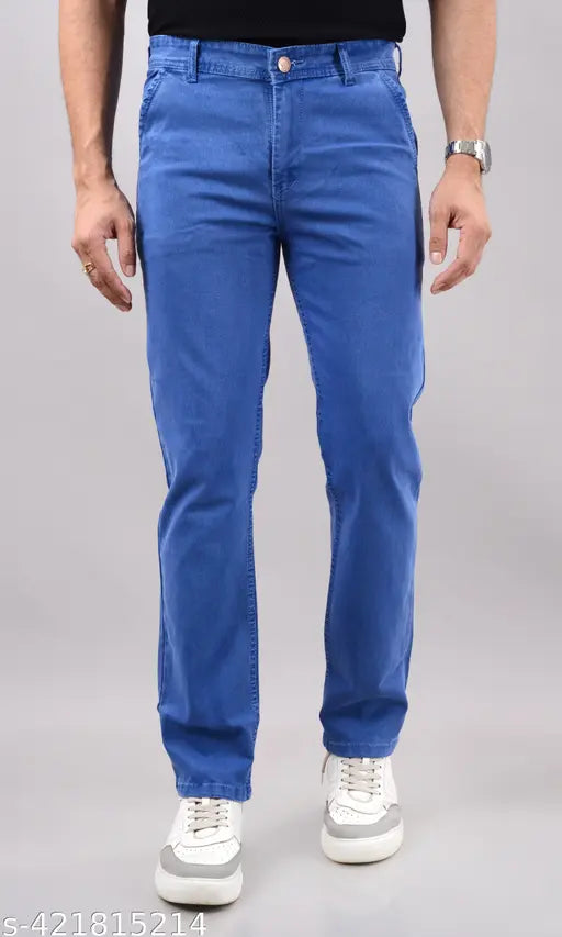Mens skyblue stretchable unique denim jeans for men, solid pattern, versatile fit transitioning casual to semi-formal, size options include 42, 44, 46, 48, 50. Made in India