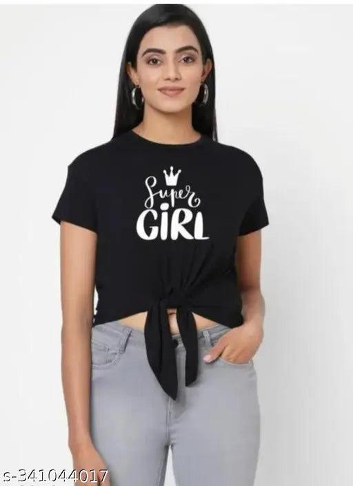 Black lycra crop top with 'Super Girls' printed net pattern, short sleeves for women, size S-XL