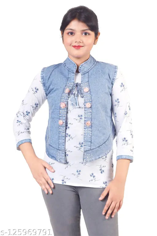A girl wearing a blue denim jacket standing against a white background