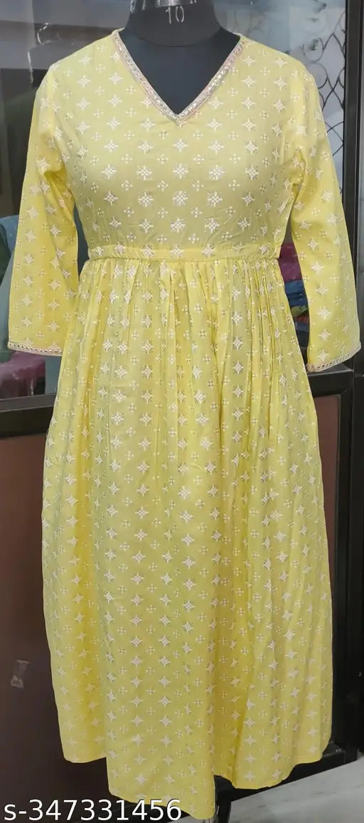 Yellow printed V-neck anarkali kurta with puffed sleeves