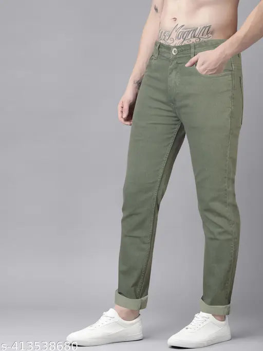 Mid-rise olive green men's slim fit pinstripe jeans