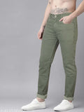 Mid-rise olive green men's slim fit pinstripe jeans