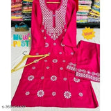 Elegant red Chikankari rayon embroidery kurti and palazzos for women, featuring three-quarter sleeves. India-made, 14kg set