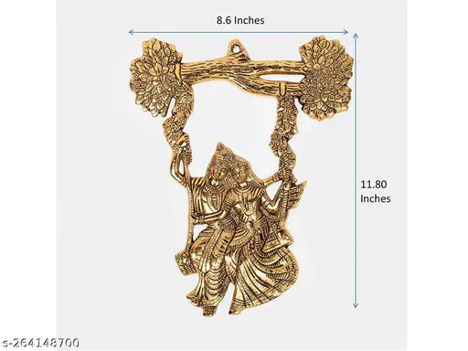 Gold Metal Radha Krishna Couple Figurine Wall Hanging, Indian Religious Home Decor, 33cm x 25cm x 1.5cm