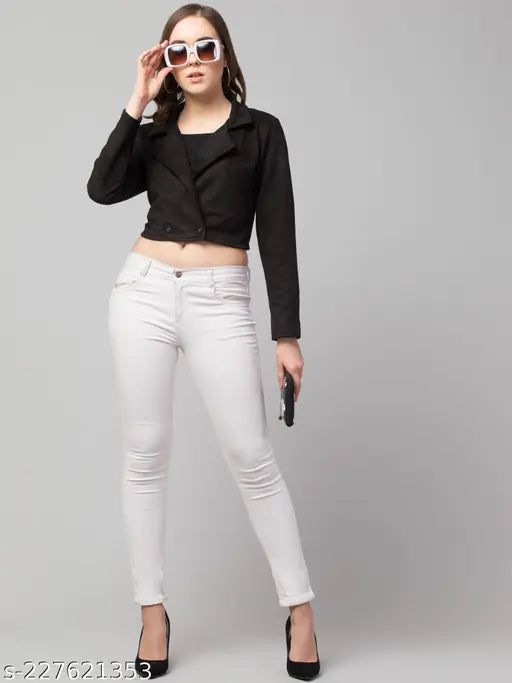 Black suede scuba crop coat jacket, solid black with button details, lapel collar and long sleeves