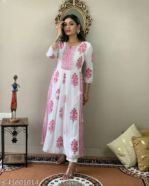 Women's printed rayon kurta, dailywear style, set includes pants