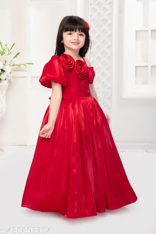 Red satin party gown, ruffled sleeves, front lace detail