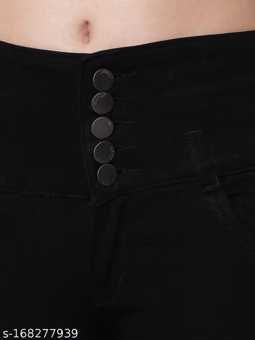 5 Button Stretchable Ankle Length Slim Women Black Jeans
